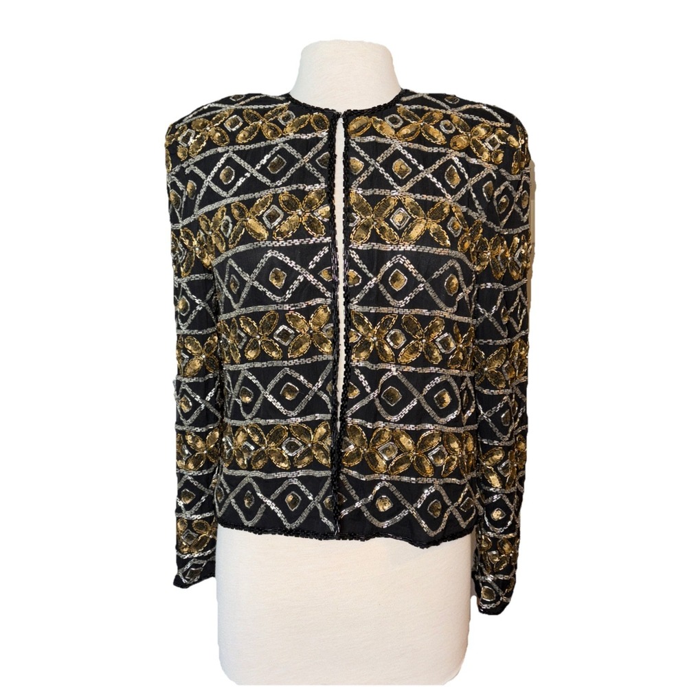 VTG Talbots AJ Bari‎ Beaded Sequin Silk Trophy Jacket Bronze Silver Black Large
